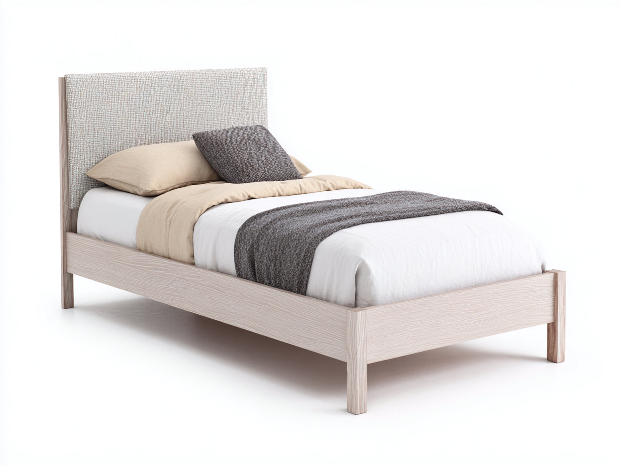 Lit simple en panneaux effet bois clair avec tête de lit en tissu beige 205x96x112 cm - Style moderne pour chambre
