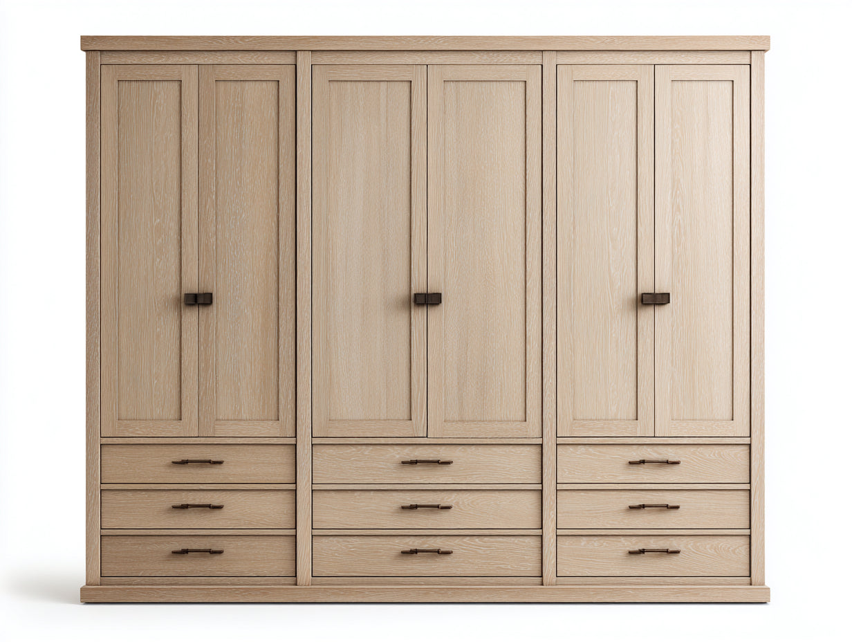 Armoire en panneaux de bois effet chêne clair 240 x 55 x 210 cm - meuble de rangement avec 6 portes et 9 tiroirs pour chambre