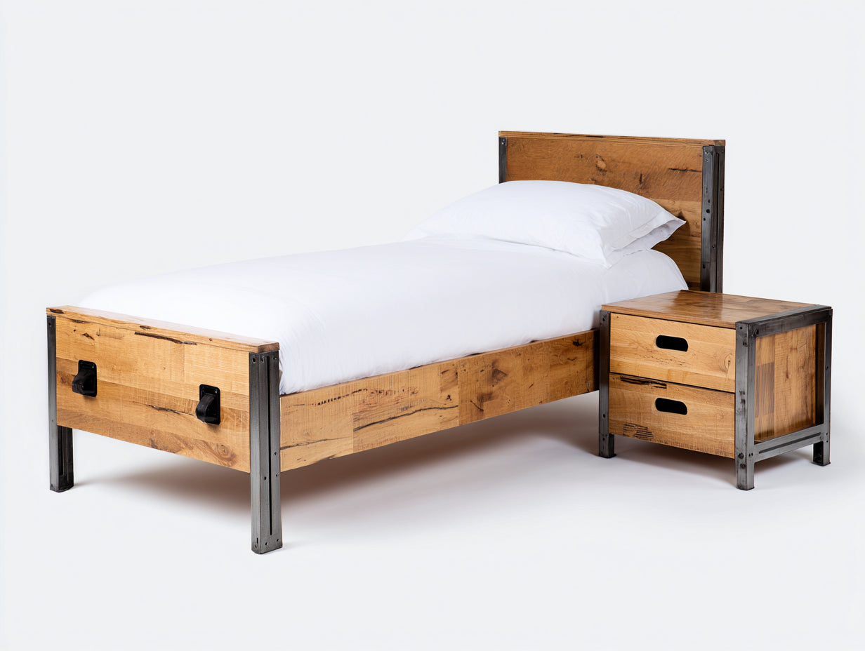 Lit simple en bois et métal 205x98x95 cm - bois naturel et gris métal - avec table de chevet