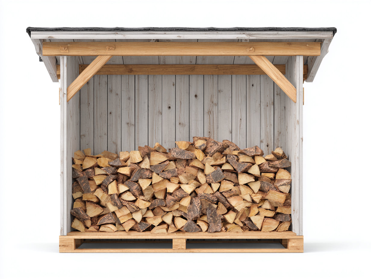 Abri à bûches 200x65x155 cm - structure en bois et toit incliné - blanc-bois naturel-gris - rangement extérieur couvert