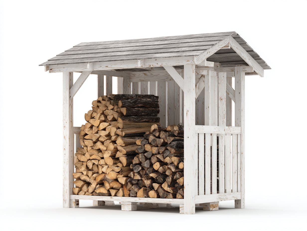 Abri à bûches 180x70x175 cm - structure en bois blanchi et toit à deux pans - blanc-gris - rangement extérieur style cabane