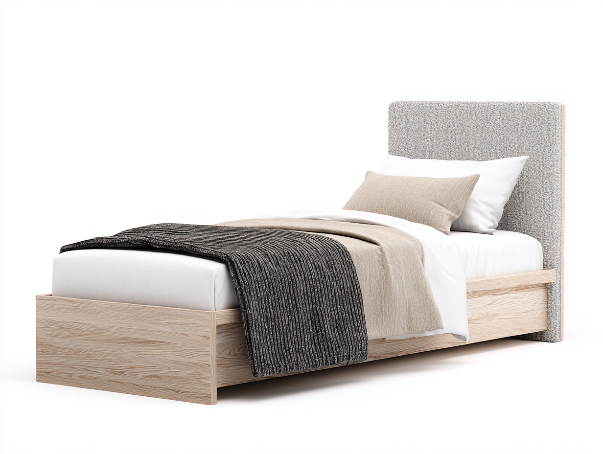 Lit simple en bois manufacturé avec tête de lit rembourrée 210 x 105 x 120 cm - bois clair-gris - design moderne pour chambre