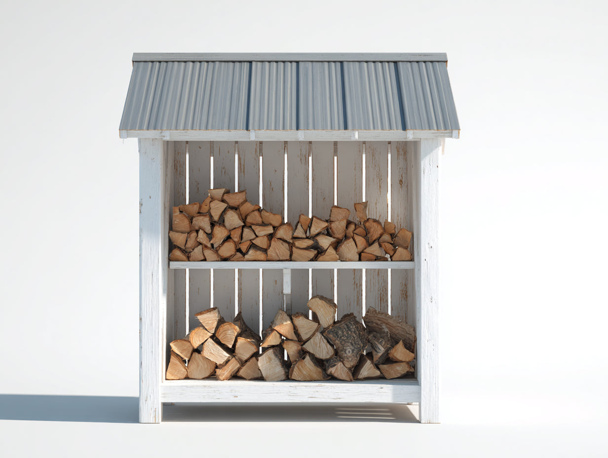 Abri à bûches 140x55x150 cm - structure en bois et toit ondulé - blanc-gris - rangement extérieur à deux niveaux