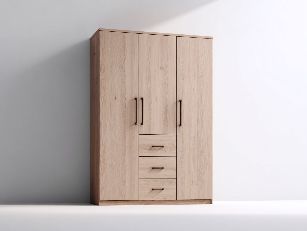 Armoire en panneaux de bois effet chêne clair 140 x 55 x 190 cm - meuble de rangement avec 3 portes et 3 tiroirs pour chambre