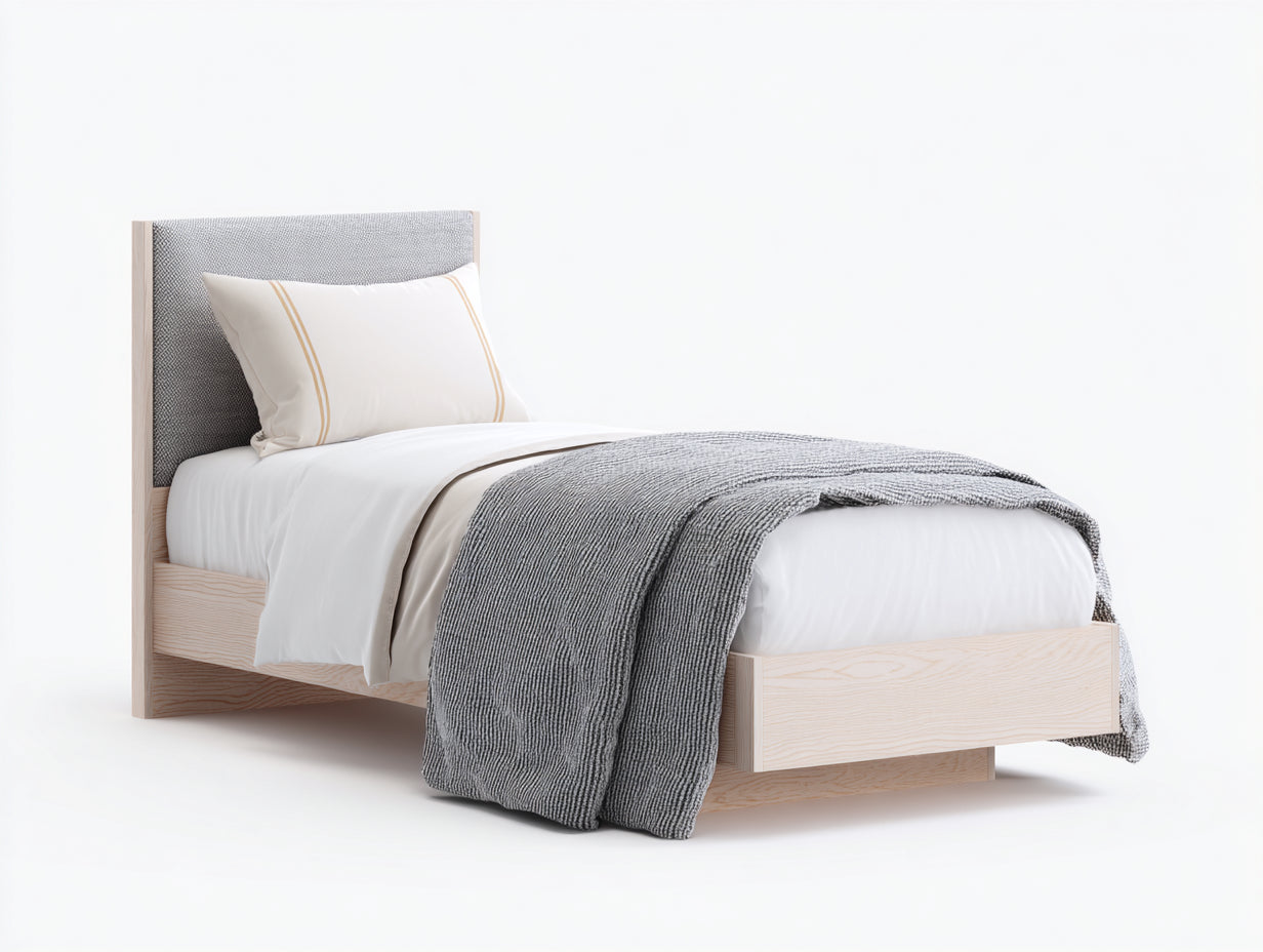 Lit simple en bois naturel et tissu gris 205 x 98 x 105 cm - cadre avec tête de lit rembourrée pour chambre