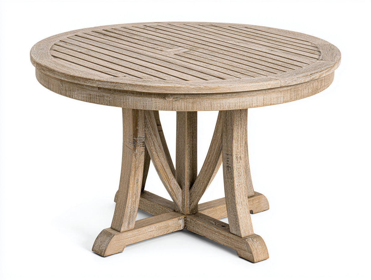Table de jardin ronde en bois massif 120 x 120 x 75 cm - bois naturel vieilli - plateau à lattes de style rustique