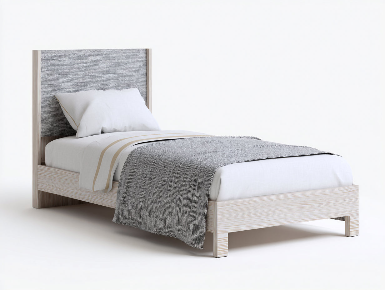 Lit simple en bois clair avec tête de lit en tissu gris 205x96x115 cm - Style moderne pour chambre