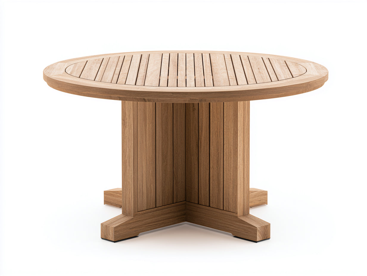 Table de jardin ronde en bois massif 130 x 130 x 75 cm - bois naturel - plateau à lattes avec pied central