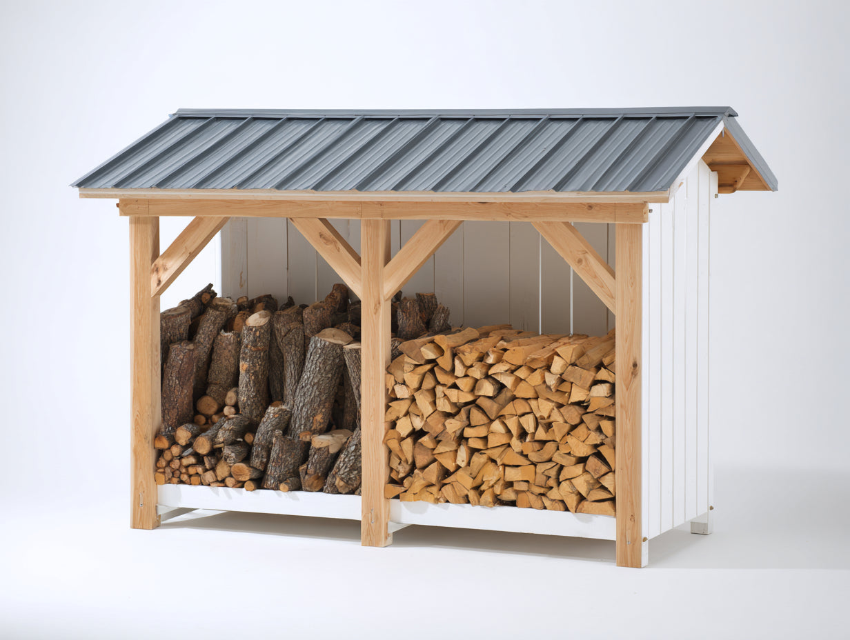 Abri à bûches en bois 260x80x165 cm - blanc et bois naturel - toit gris métal double pente