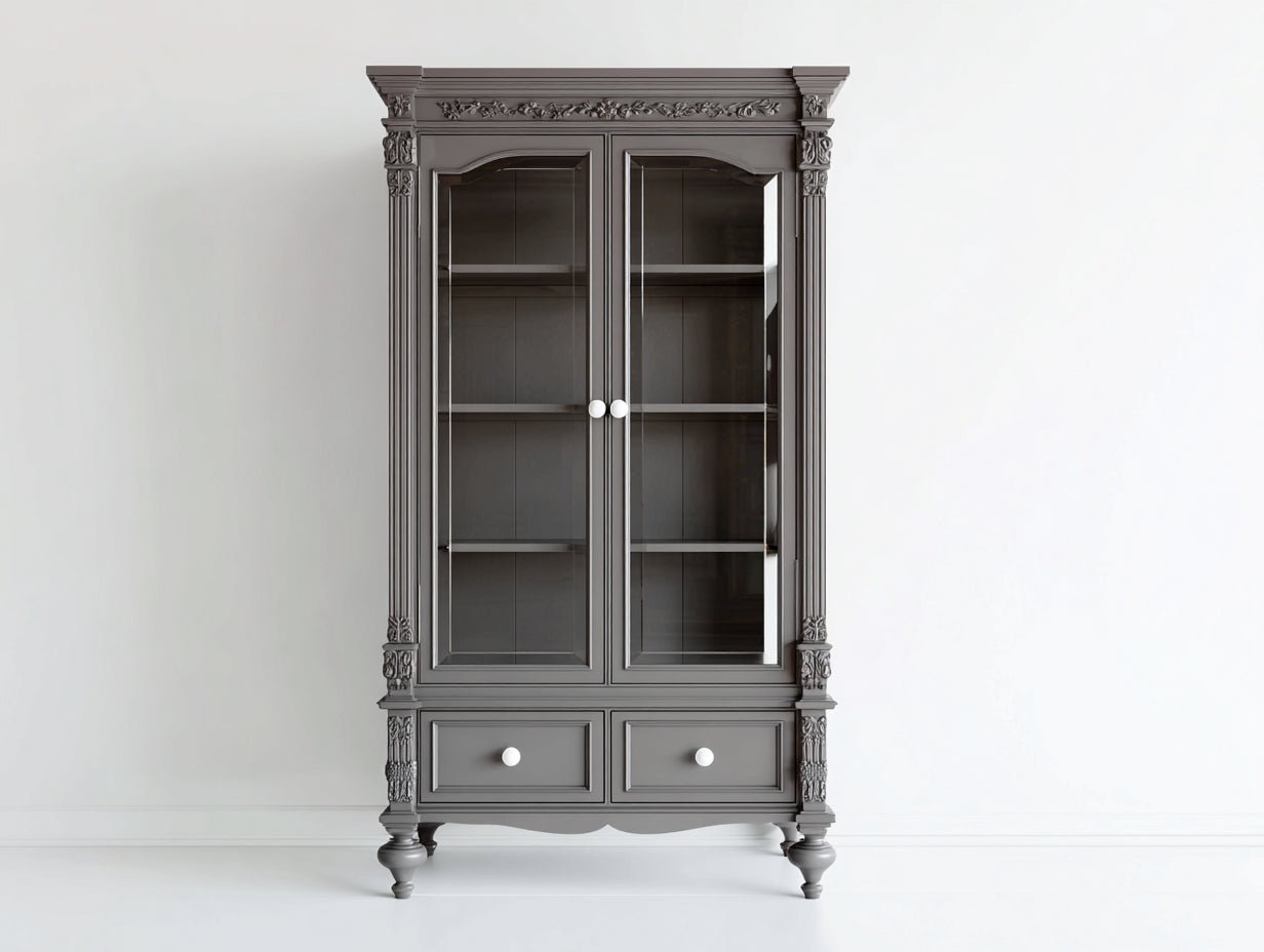 Vitrine en bois MDF et verre trempé gris 95x42x190 cm - Style classique pour salon