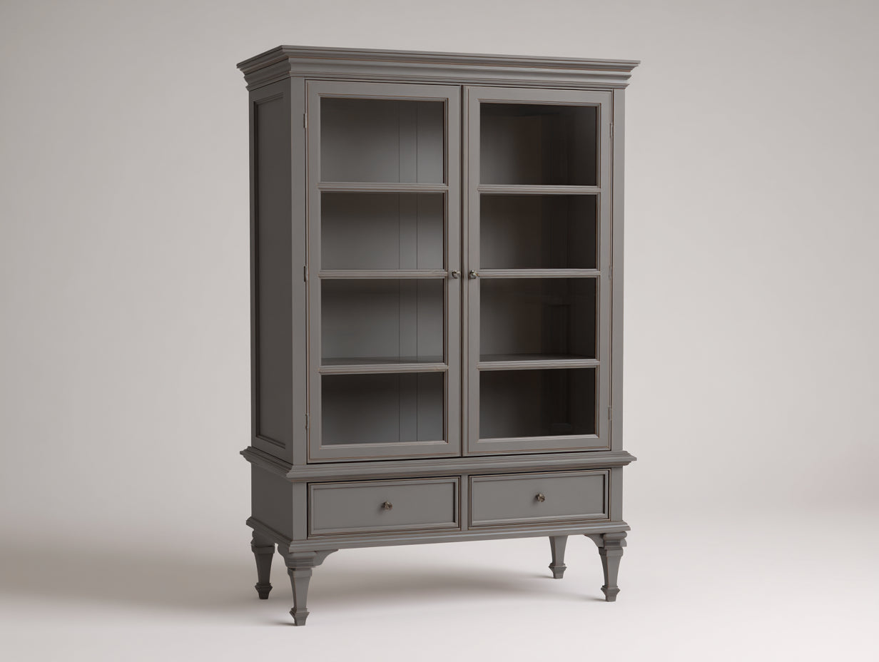 Vitrine 110x40x180 cm - panneaux effet bois et portes vitrées - gris taupe - style classique pour salon ou salle à manger