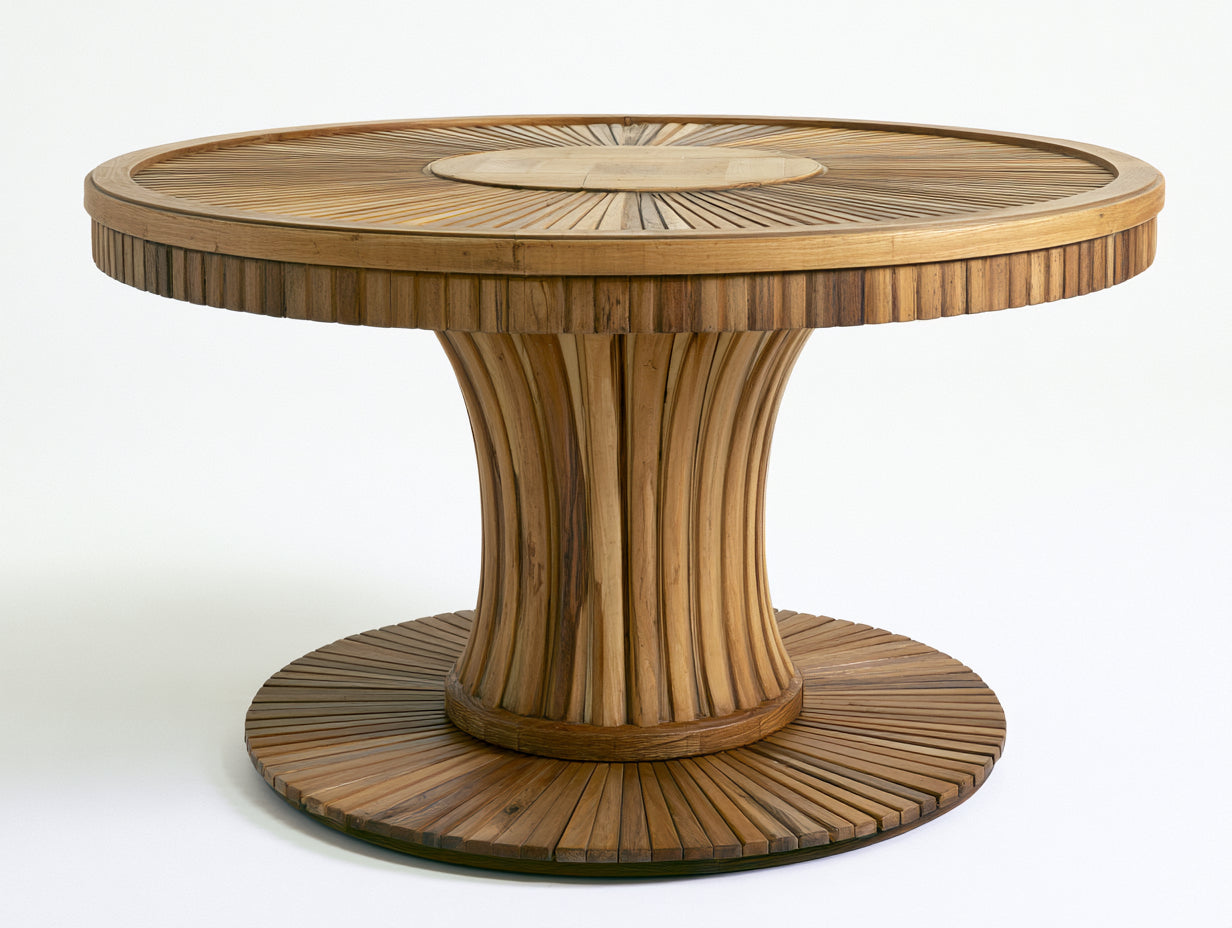 Table de jardin en bois 140x140x75 cm - bois naturel - plateau rond à motif rayonnant