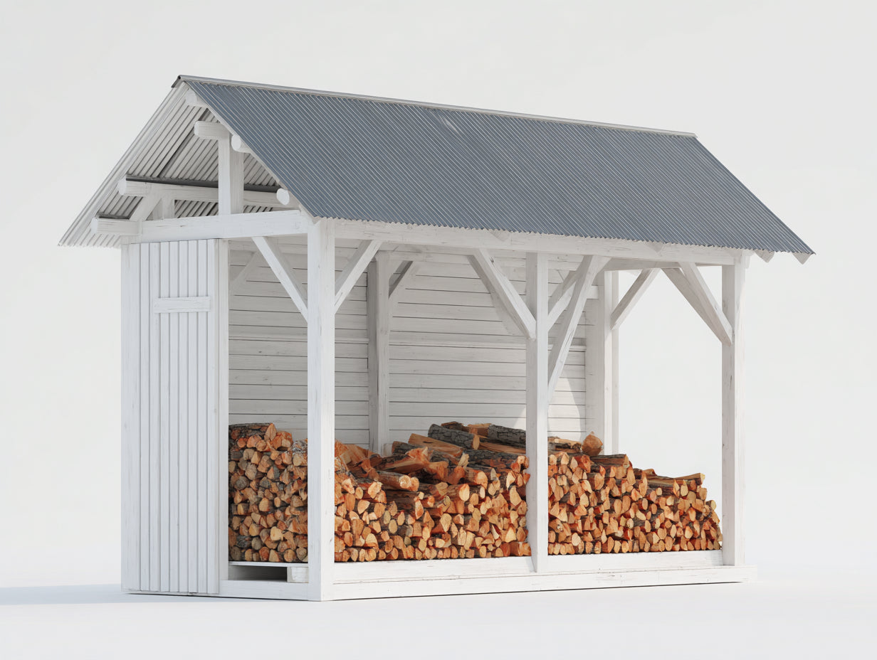 Abri à bûches en bois massif blanc avec toit métallique gris 300x90x215 cm - Grand format pour extérieur