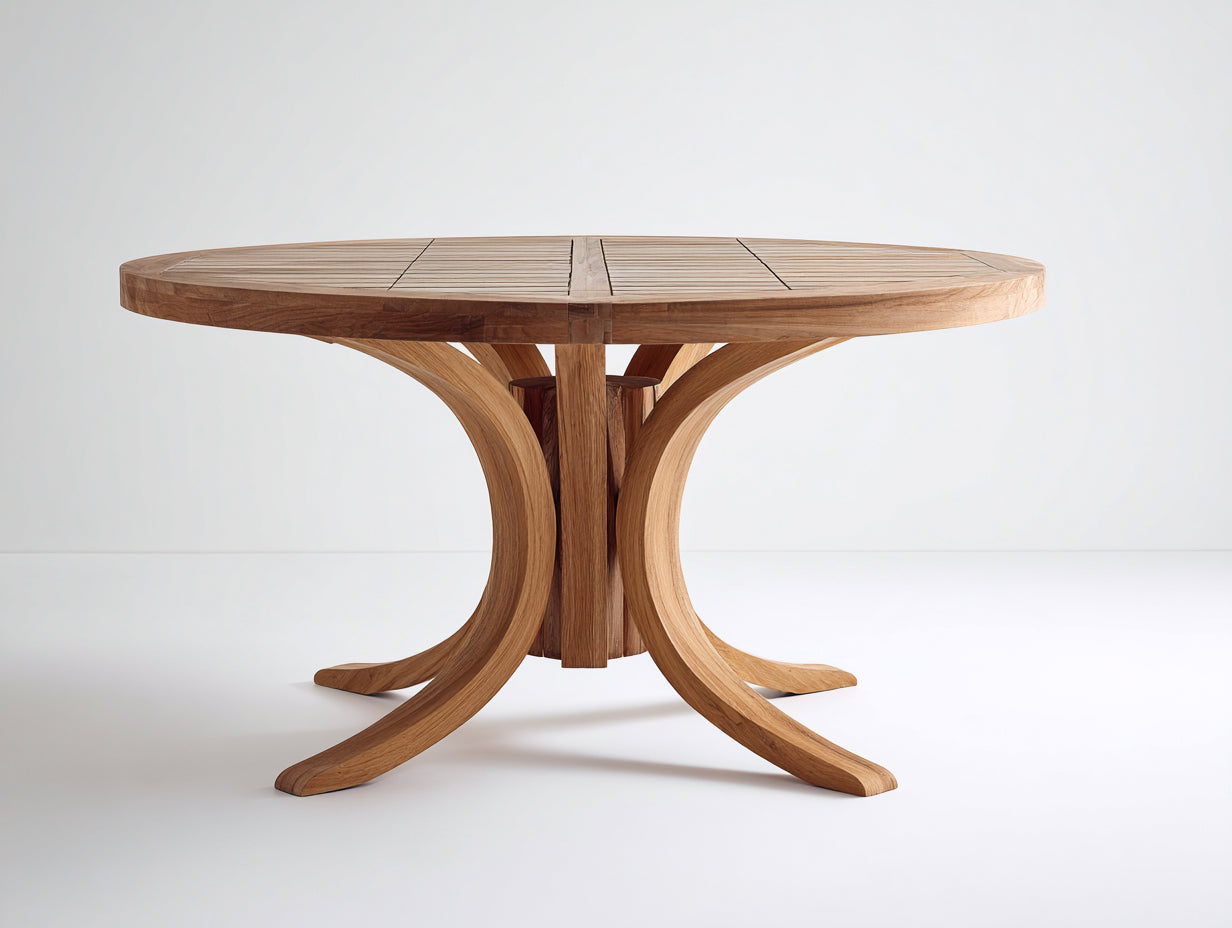 Table de jardin ronde en bois massif 150 x 150 x 75 cm - bois naturel - piètement central courbé au design contemporain