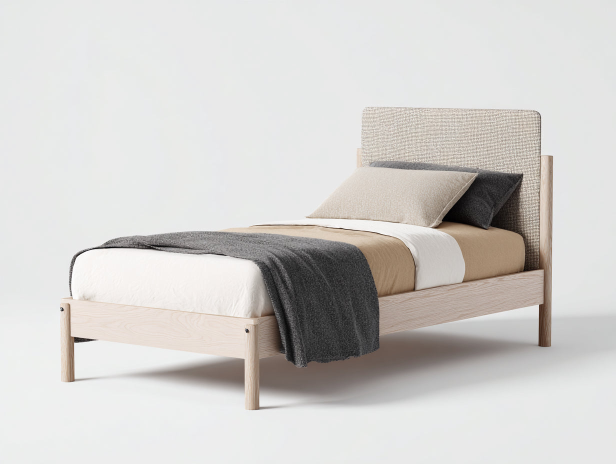 Lit simple bois effet chêne clair avec tête de lit tissu 200x90x105 cm - chêne clair-beige - chambre scandinave