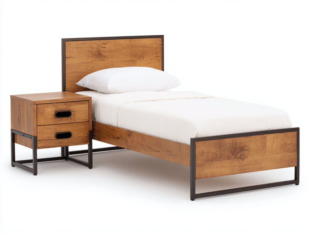 Lit simple en bois manufacturé et métal 210 x 100 x 110 cm - brun-noir - style industriel pour chambre