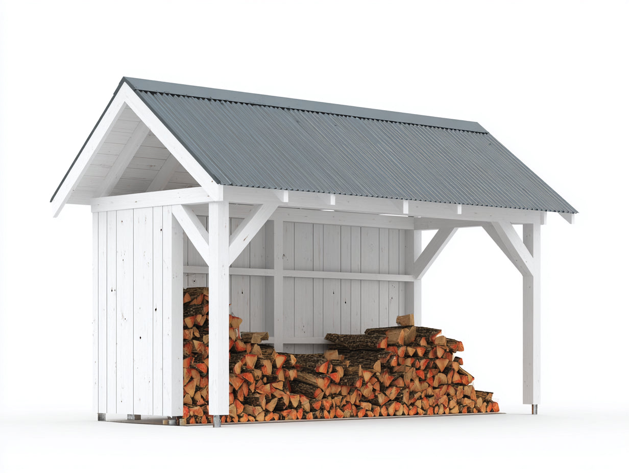 Abri à bûches en bois et métal 300 x 150 x 220 cm - blanc-gris - grande capacité avec toiture à deux pentes pour extérieur