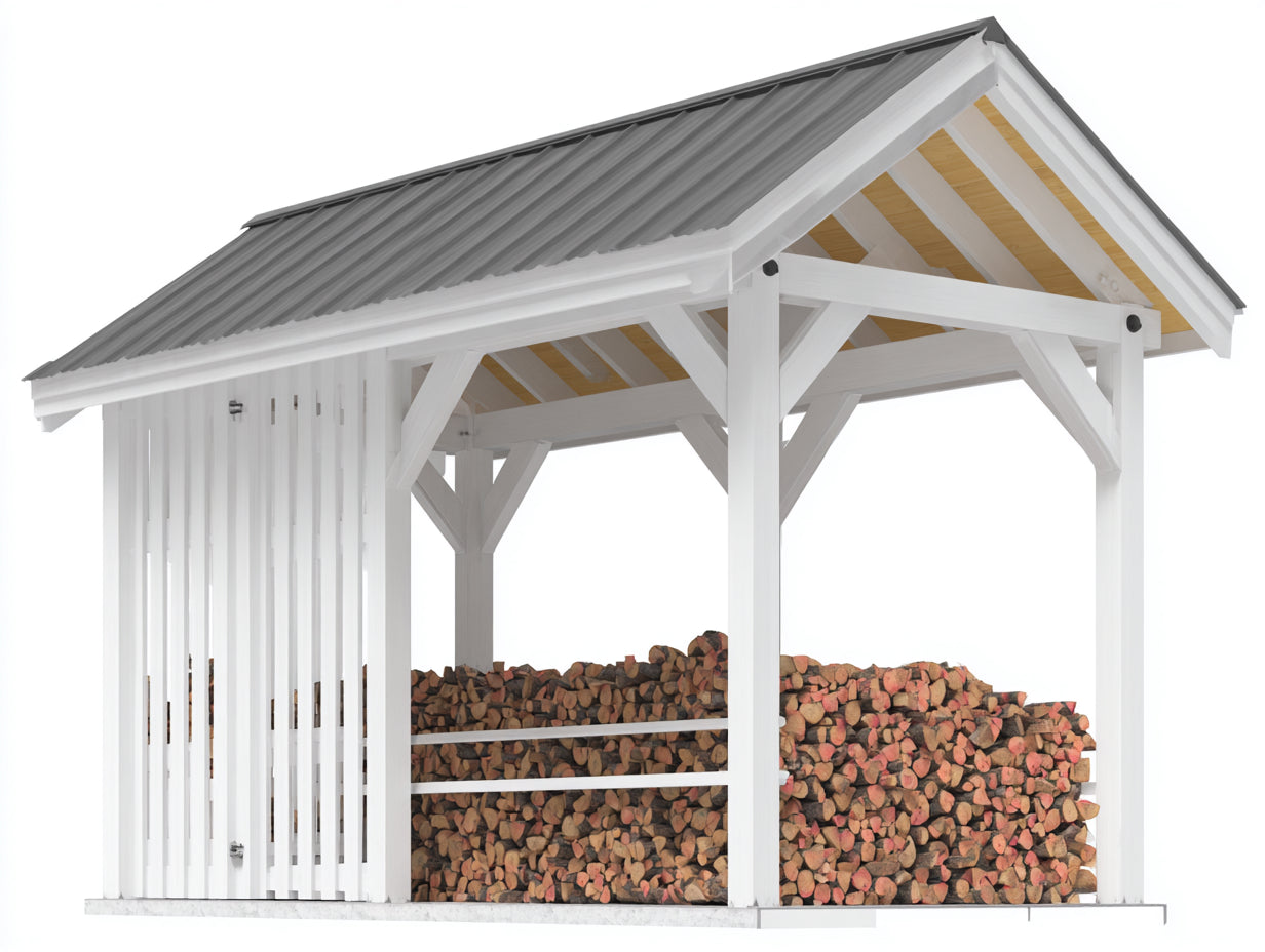 Abri à bûches 260x120x220 cm - structure en bois et toit ondulé - blanc-gris - grand rangement extérieur couvert