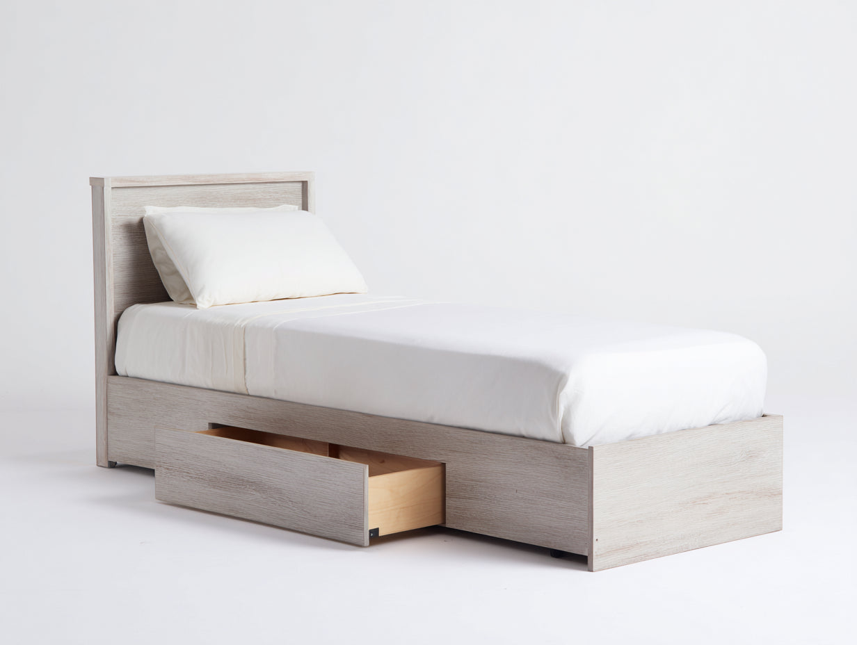 Lit simple en panneaux de bois effet chêne blanchi 205 x 98 x 95 cm - cadre avec tête de lit et tiroir pour chambre