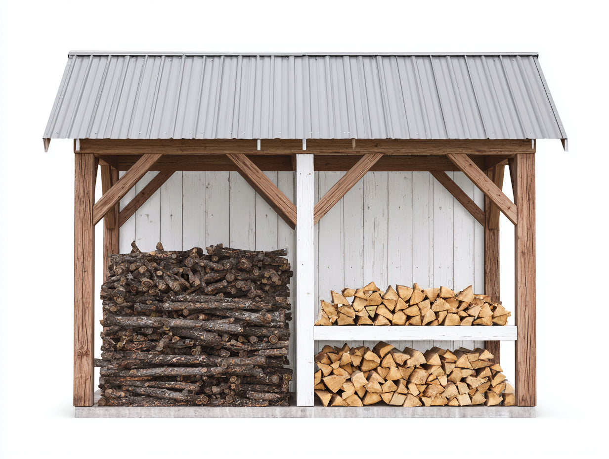 Abri à bûches en bois massif naturel et blanc avec toit métallique gris 240x80x190 cm - Grand format pour extérieur