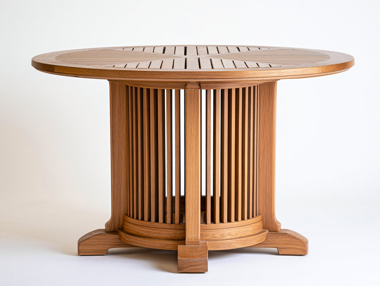 Table de jardin 130x130x75 cm - bois effet teck et plateau à lattes - bois naturel - table ronde pour terrasse ou jardin