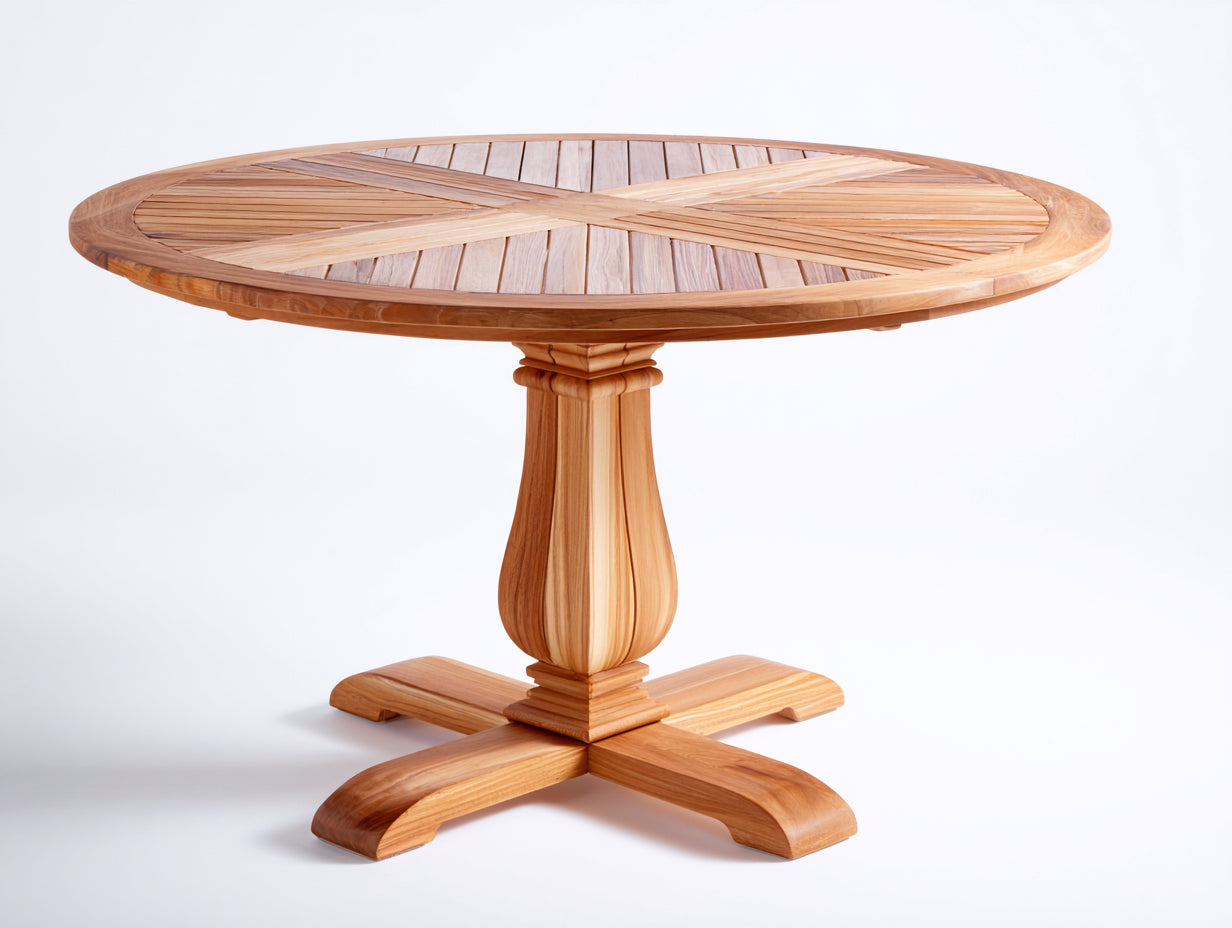 Table de jardin ronde en bois massif naturel 120x120x75 cm - Piètement central sculpté style classique