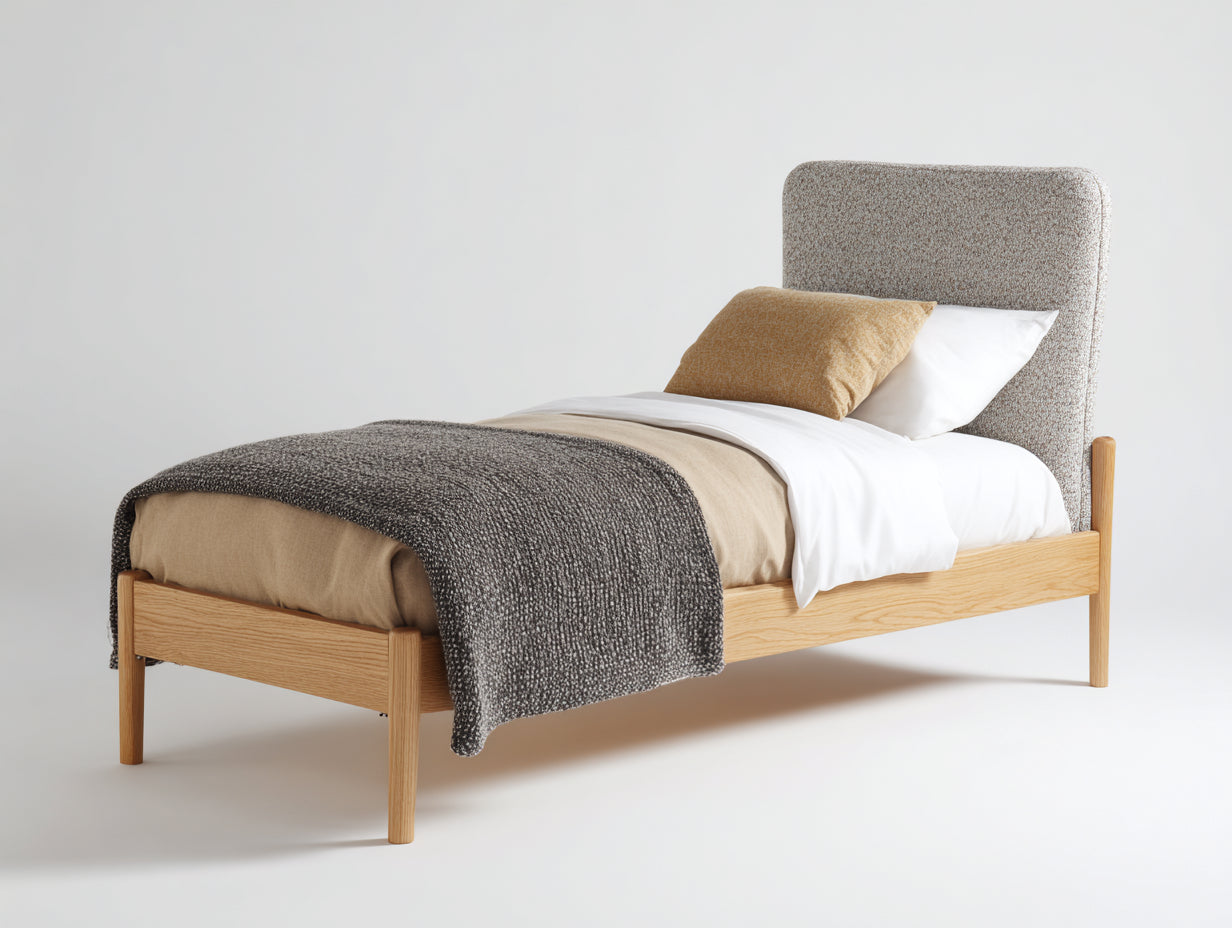 Lit simple en bois naturel et tissu gris 205 x 98 x 110 cm - cadre sur pieds avec tête de lit rembourrée pour chambre