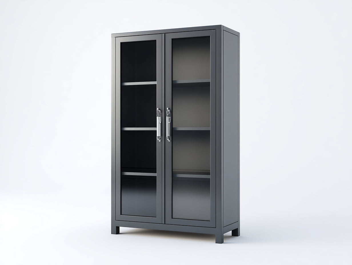 Vitrine en métal et verre 90 x 40 x 180 cm - noire - 2 portes vitrées pour cuisine